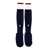 The USA Rugby 24/25 Replica Home Socks by Macron feature navy blue with white cuffs and red and navy stripes at the top, inspired by USA Rugby socks, shown on a plain white background.