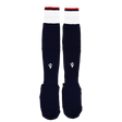 The USA Rugby 24/25 Replica Home Socks by Macron feature navy blue with white cuffs and red and navy stripes at the top, inspired by USA Rugby socks, shown on a plain white background.