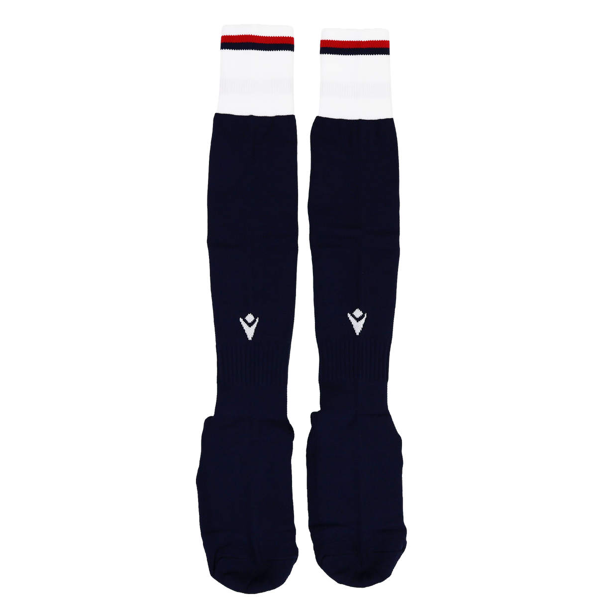 The USA Rugby 24/25 Replica Home Socks by Macron feature navy blue with white cuffs and red and navy stripes at the top, inspired by USA Rugby socks, shown on a plain white background.