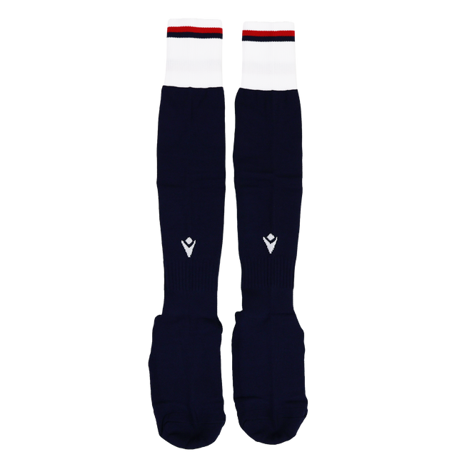 The USA Rugby 24/25 Replica Home Socks by Macron feature navy blue with white cuffs and red and navy stripes at the top, inspired by USA Rugby socks, shown on a plain white background.