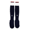 The USA Rugby 24/25 Replica Home Socks by Macron feature navy blue with white cuffs and red and navy stripes at the top, inspired by USA Rugby socks, shown on a plain white background.