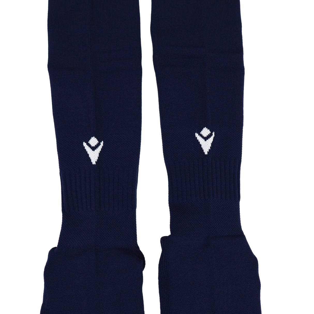 The USA Rugby 24/25 Replica Home Socks by Macron are navy blue, knee-high, and feature a white geometric logo—ideal for dedicated fans.