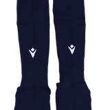 The USA Rugby 24/25 Replica Home Socks by Macron are navy blue, knee-high, and feature a white geometric logo—ideal for dedicated fans.