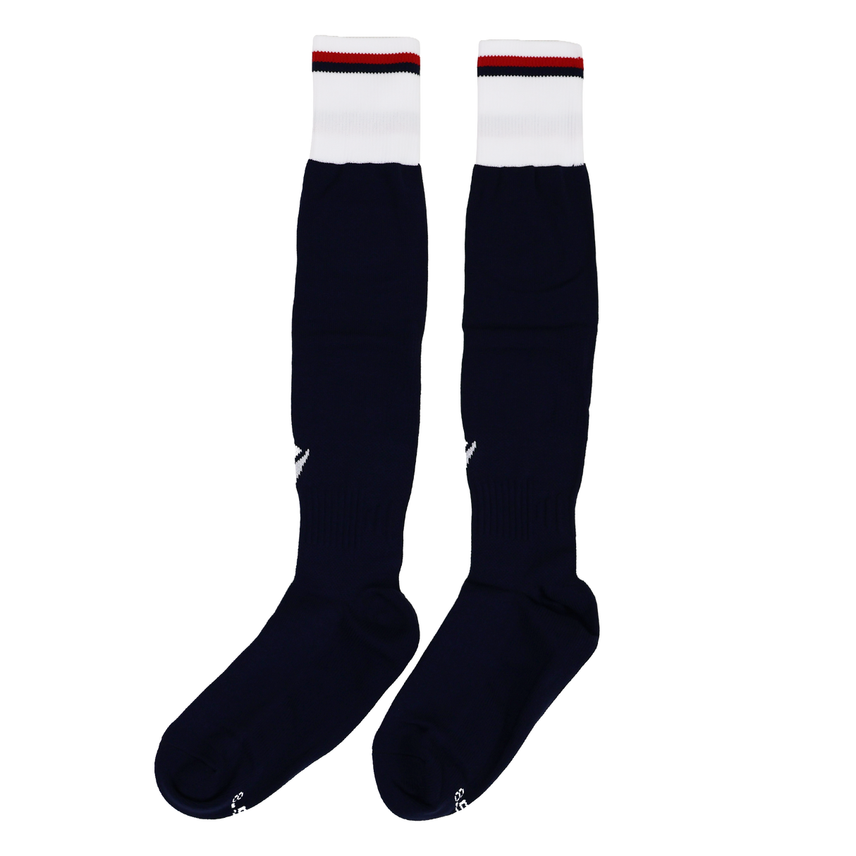 A pair of USA Rugby 24/25 Replica Home Socks by Macron, knee-high in navy blue with white cuffs and red and navy stripes at the top, is laid flat on a white background.