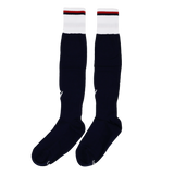 A pair of USA Rugby 24/25 Replica Home Socks by Macron, knee-high in navy blue with white cuffs and red and navy stripes at the top, is laid flat on a white background.