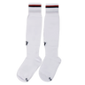 Step up your game with the USA Rugby 24/25 Player Away Socks by Macron—white knee-high socks featuring bold black and red stripes near the top and small black side logos, perfect for any rugby fan.