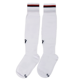 The Youth USA Rugby 24/25 Player Away Socks by Macron are long white youth socks featuring black logo details and a red and black striped band near the top.