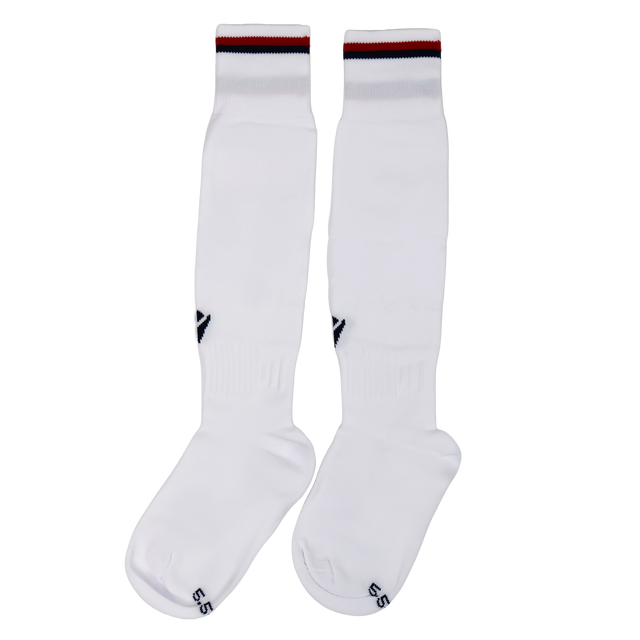 The Youth USA Rugby 24/25 Player Away Socks by Macron are long white youth socks featuring black logo details and a red and black striped band near the top.