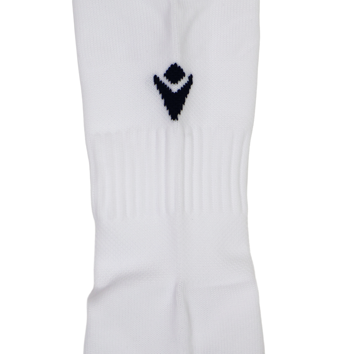 Close-up of the USA Rugby 24/25 Player Away Socks by Macron in white, showcasing a black geometric logo and ribbed midsection, inspired by classic Macron rugby socks.