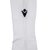Close-up of the USA Rugby 24/25 Player Away Socks by Macron in white, showcasing a black geometric logo and ribbed midsection, inspired by classic Macron rugby socks.