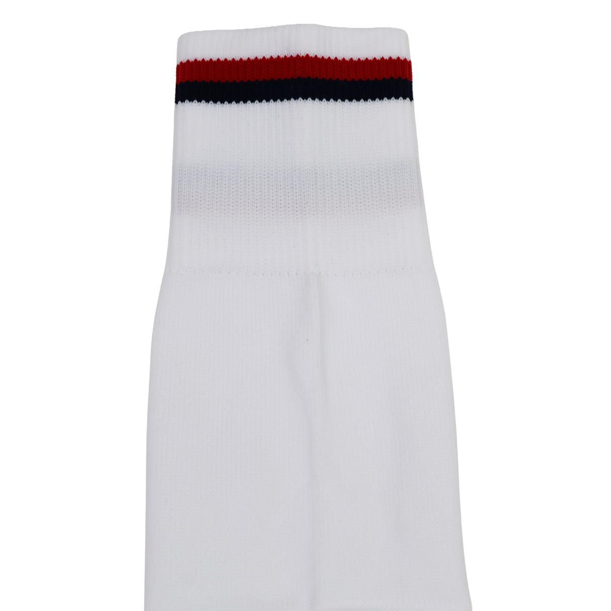 A close-up of the USA Rugby 24/25 Player Away Socks by Macron, featuring a white design with red and black stripes near the top.