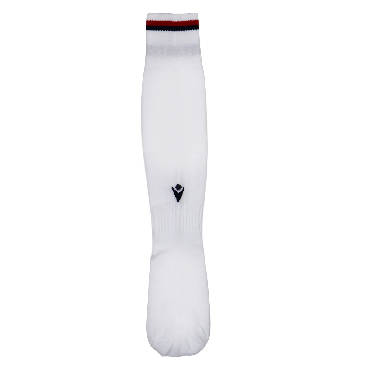 The USA Rugby 24/25 Player Away Sock by Macron is a single white knee-high rugby sock with a small black logo and red and black stripe near the top, shown on a plain white background.