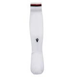 The USA Rugby 24/25 Player Away Sock by Macron is a single white knee-high rugby sock with a small black logo and red and black stripe near the top, shown on a plain white background.