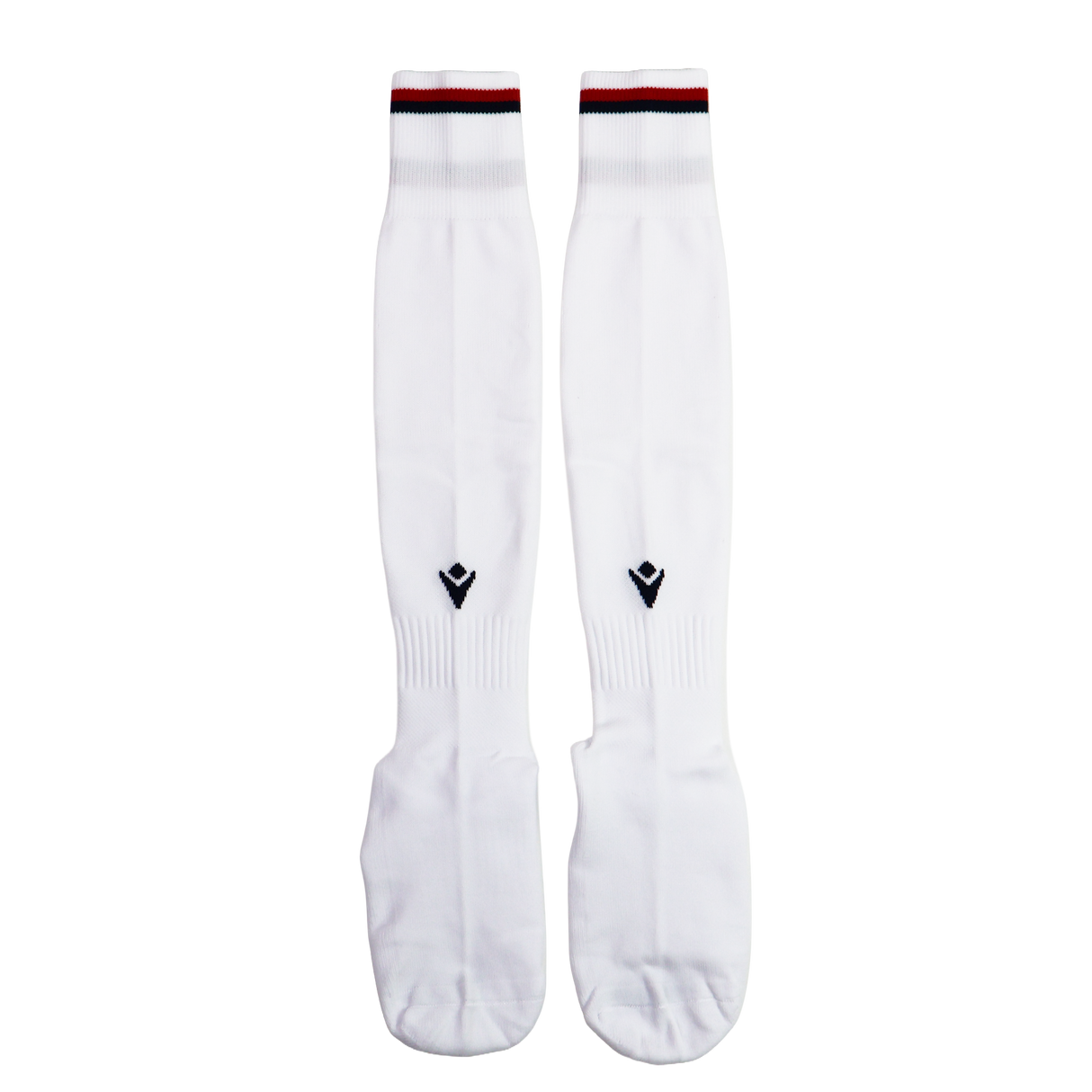 The USA Rugby 24/25 Replica Away Socks by Macron feature red and black stripes, a small front logo, and are perfect for fans or replica wear.