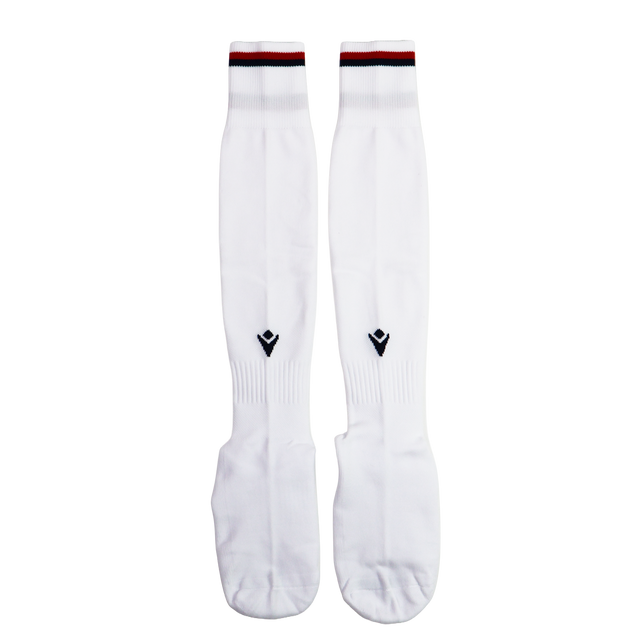 The USA Rugby 24/25 Replica Away Socks by Macron feature red and black stripes, a small front logo, and are perfect for fans or replica wear.
