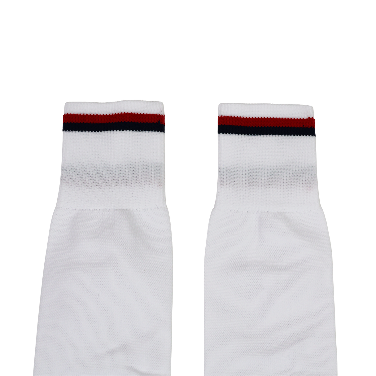 A pair of USA Rugby 24/25 Replica Away Socks by Macron in white, featuring black and red stripes near the top, laid flat on a white background.