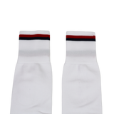 A pair of USA Rugby 24/25 Replica Away Socks by Macron in white, featuring black and red stripes near the top, laid flat on a white background.