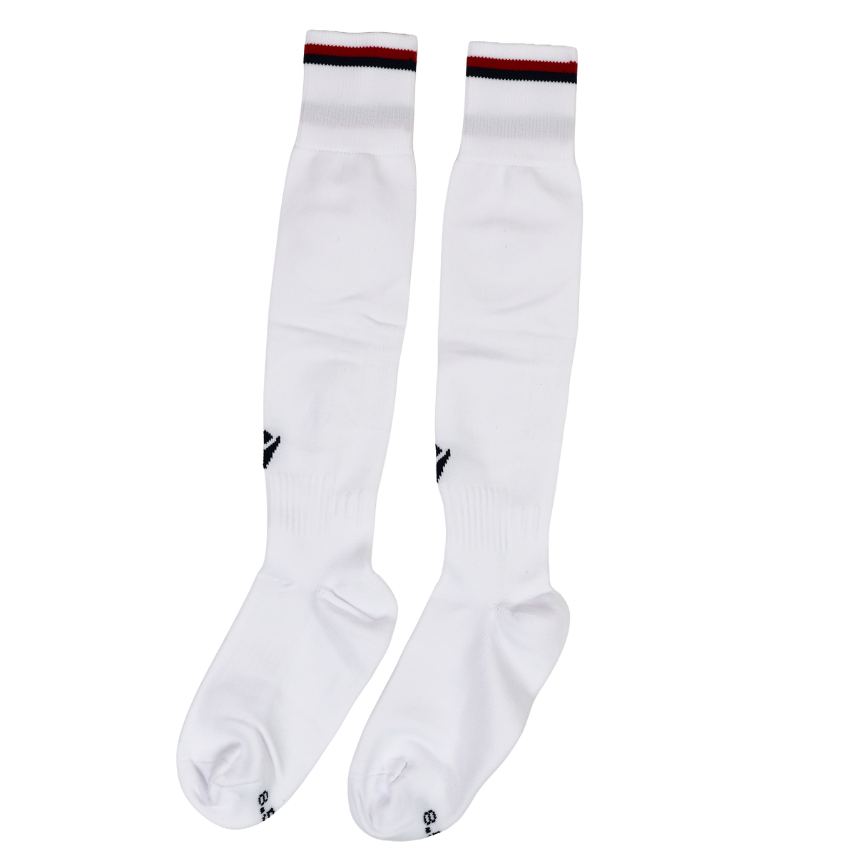 Inspired by official USA Rugby socks, the Macron USA Rugby 24/25 Replica Away Socks feature black and red stripes atop long white athletic socks, shown laid flat on a white background.