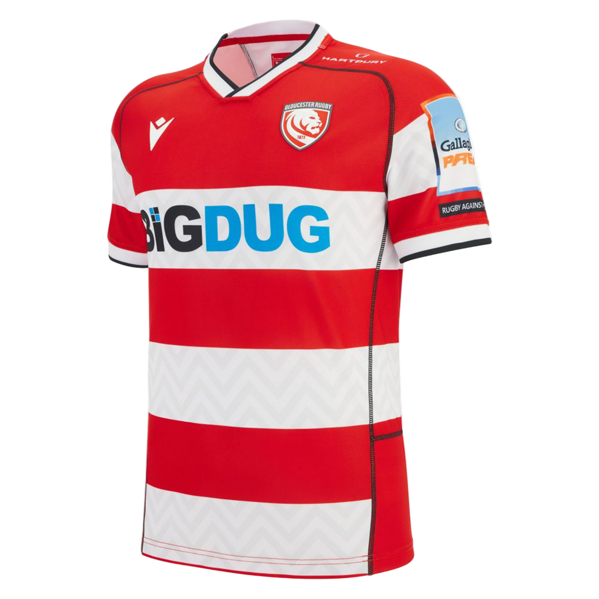 Show your support with the Gloucester 25/26 Replica Home Jersey by Macron, featuring classic red and white stripes, club crest, sponsor logos, and black trim on the collar and sleeves—a must-have for Gloucester Rugby fans.