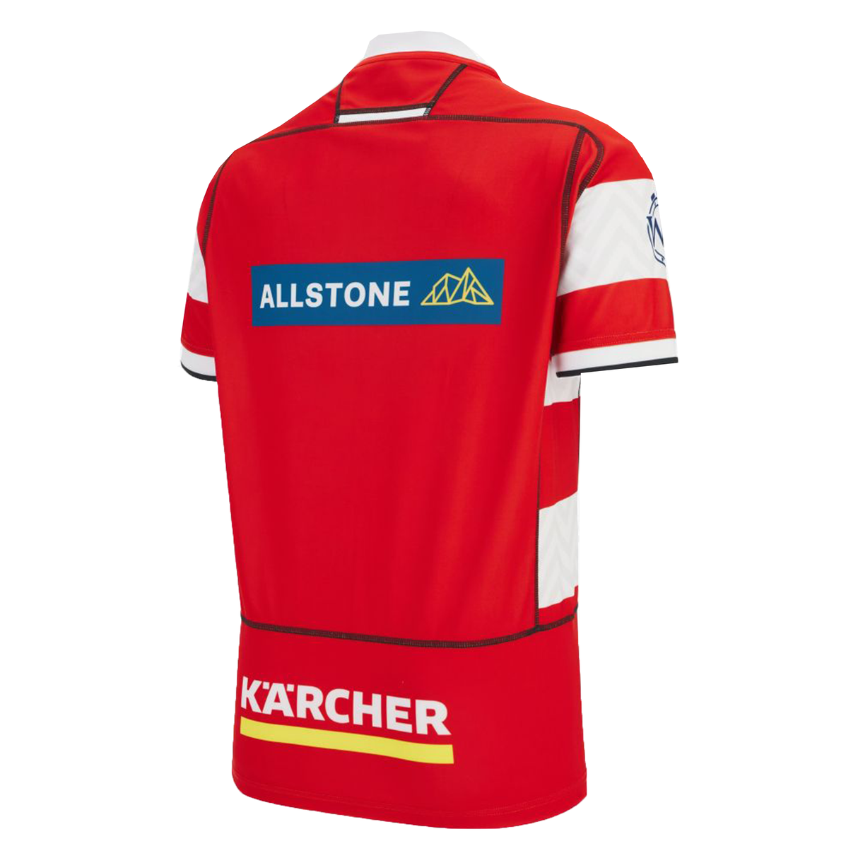 The Gloucester 25/26 Replica Home Jersey by Macron features red and white stripes, "ALLSTONE" and "KÄRCHER" sponsor logos on the back, delivering authentic supporter style from Macron.