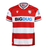 The Gloucester 25/26 Replica Home Jersey by Macron features red and white stripes, sponsor logos, black-trimmed sleeves, and the iconic club crest—official home design from Macron.