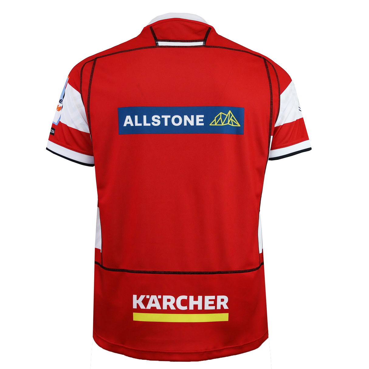 The back of the Gloucester 25/26 Replica Home Jersey by Macron features "ALLSTONE" and "KÄRCHER" logos in the center and lower back, mirroring the authentic home design.