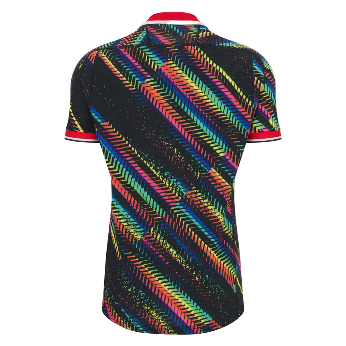 Inspired by the Macron Gloucester 25/26 Replica Training Jersey, this short-sleeve polo features a black base, diagonal multicolor chevron stripes, and bold red collar and cuffs.