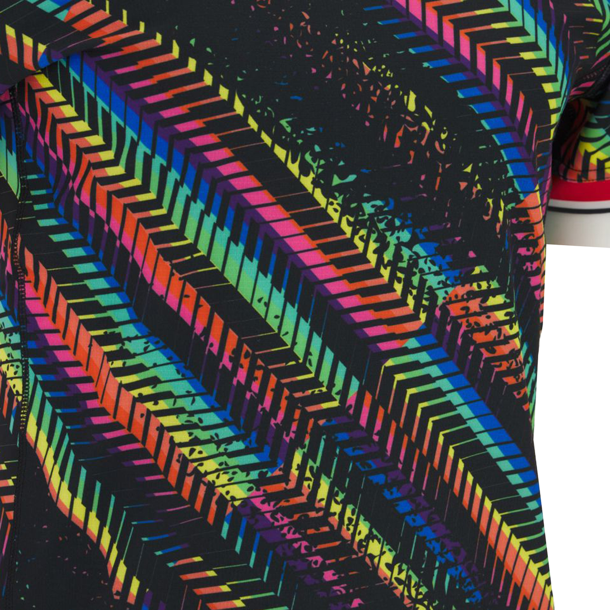Close-up of the Gloucester 25/26 Replica Training Jersey by Macron, featuring a vibrant geometric zigzag pattern in rainbow colors on a black background.