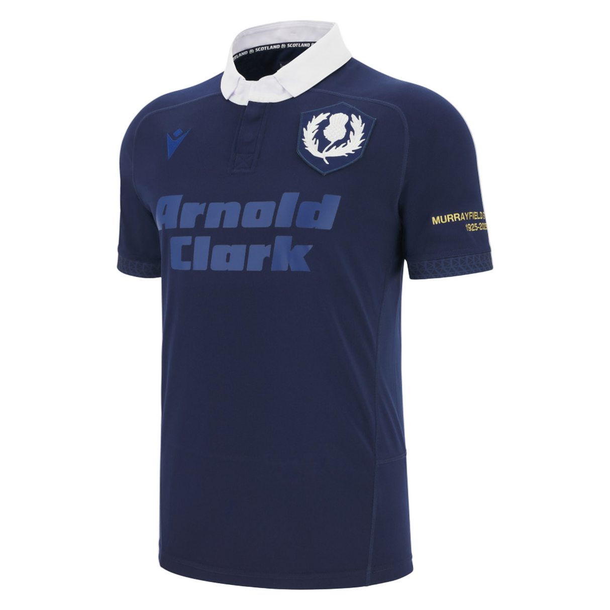 Celebrate history in the Scotland Rugby Union 1925 100th Anniversary Replica Home Jersey by Macron—navy blue with a white collar, sponsor logos, and thistle emblem—honoring 100 years at Murrayfield.