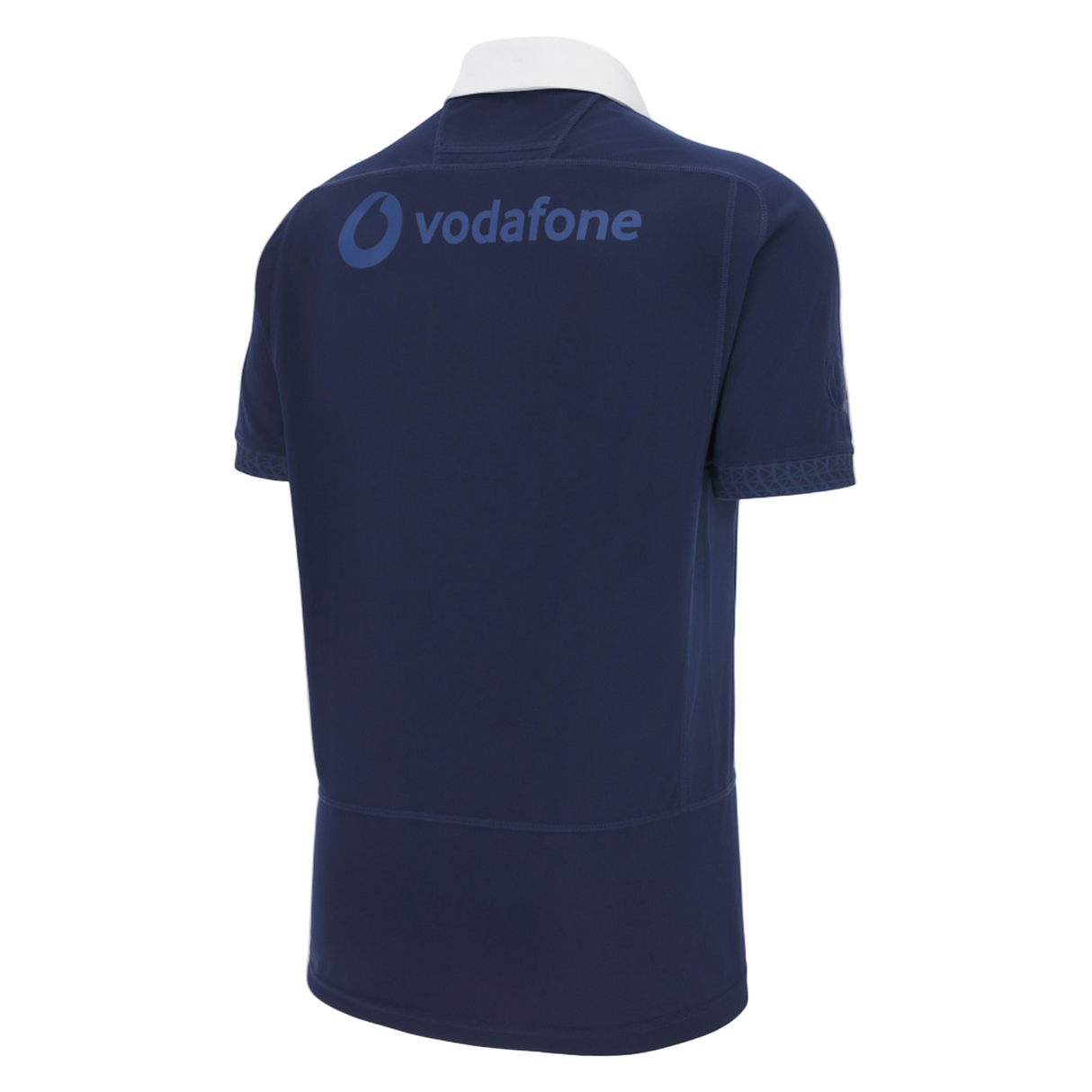 Navy blue short-sleeve Scotland Rugby Union 1925 100th Anniversary Replica Home Jersey by Macron shown from the back, with a blue "vodafone" logo on the upper back—ideal for celebrating Murrayfield's centenary.