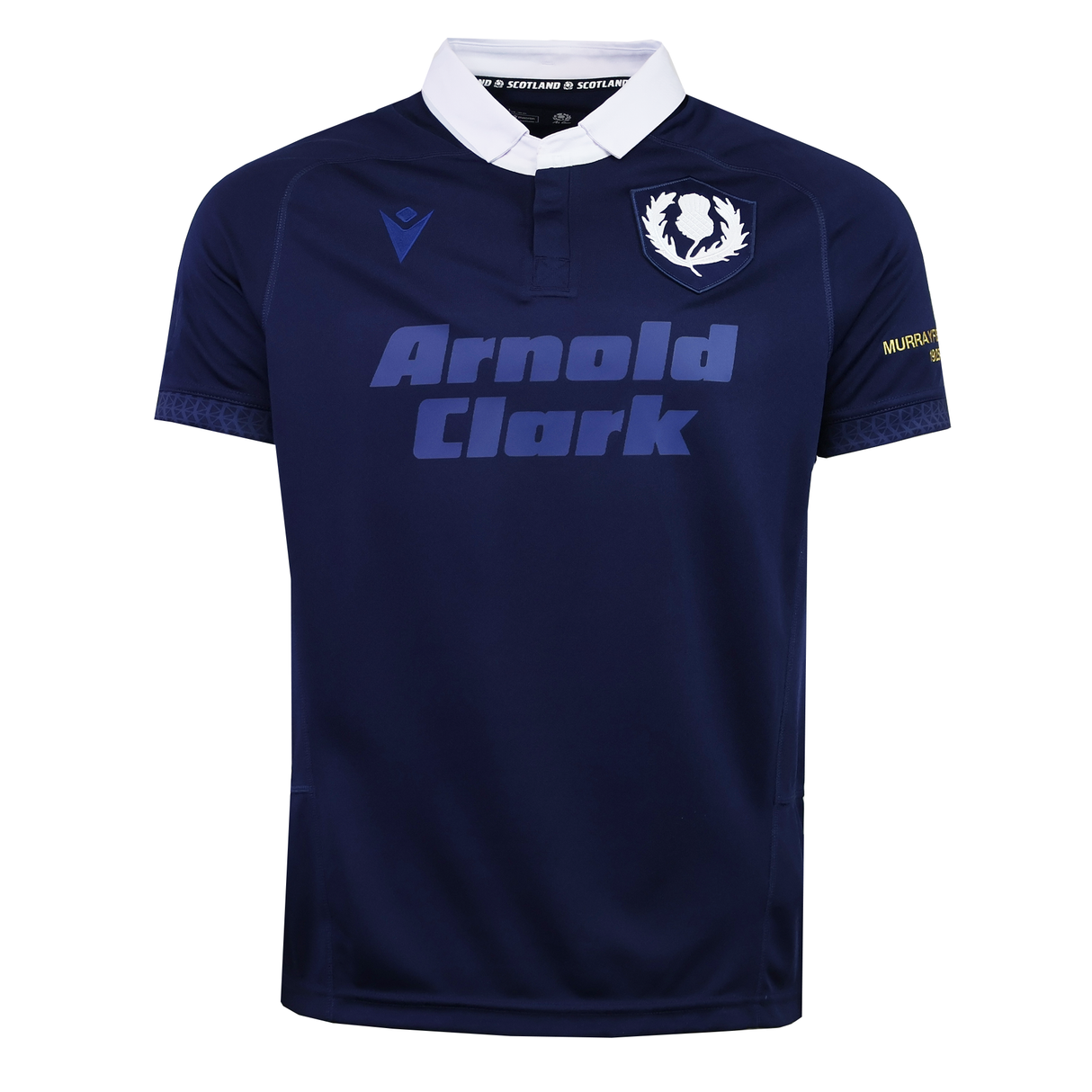 The Scotland Rugby Union 1925 100th Anniversary Replica Home Jersey by Macron features a navy design, white collar, Arnold Clark and Murray sponsor logos, and a Scotland Rugby badge, celebrating Murrayfield Stadium’s centenary.