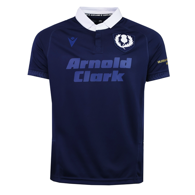 The Scotland Rugby Union 1925 100th Anniversary Replica Home Jersey by Macron features a navy design, white collar, Arnold Clark and Murray sponsor logos, and a Scotland Rugby badge, celebrating Murrayfield Stadium’s centenary.