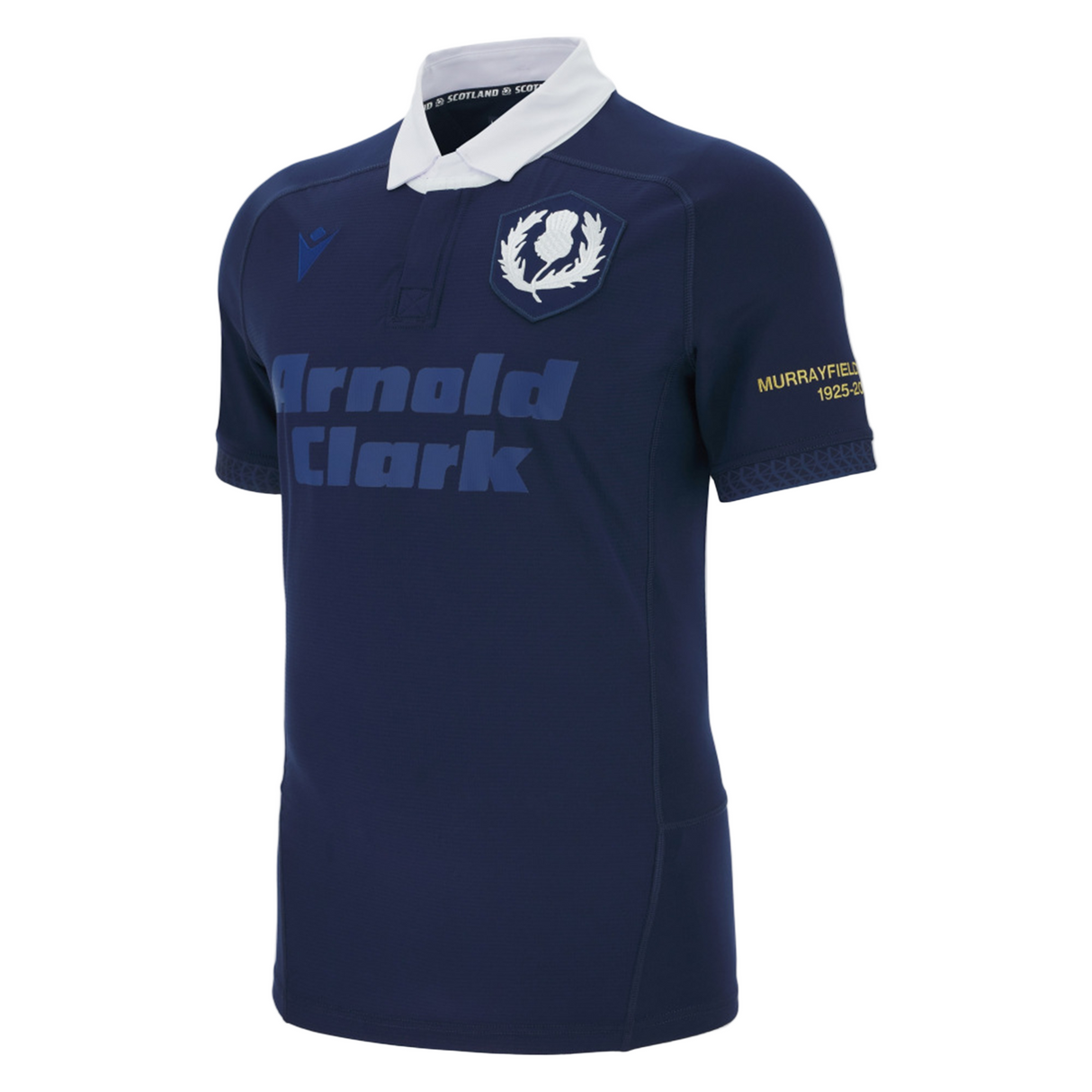 The Scotland Rugby Union 1925 100th Anniversary Authentic Home Jersey by Macron features navy blue, a white collar, thistle emblem, "Arnold Clark" sponsor, and "Murrayfield 1925-2025" marking the venue’s centenary.
