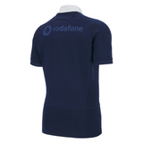 The Scotland Rugby Union 1925 100th Anniversary Authentic Home Jersey by Macron is shown from the back in navy blue with short sleeves and the "vodafone" logo in dark blue, celebrating a century of rugby heritage.
