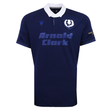 The Scotland Rugby Union 1925 100th Anniversary Authentic Home Jersey by Macron is navy blue with a white collar, featuring the Murrayfield Anniversary crest, "Arnold Clark" sponsor, and Macron branding.