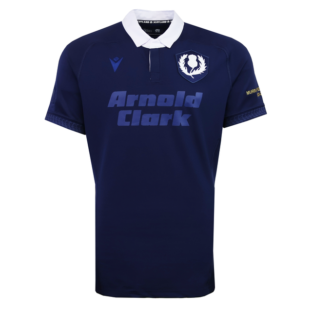 The Scotland Rugby Union 1925 100th Anniversary Authentic Home Jersey by Macron is navy blue with a white collar, featuring the Murrayfield Anniversary crest, "Arnold Clark" sponsor, and Macron branding.