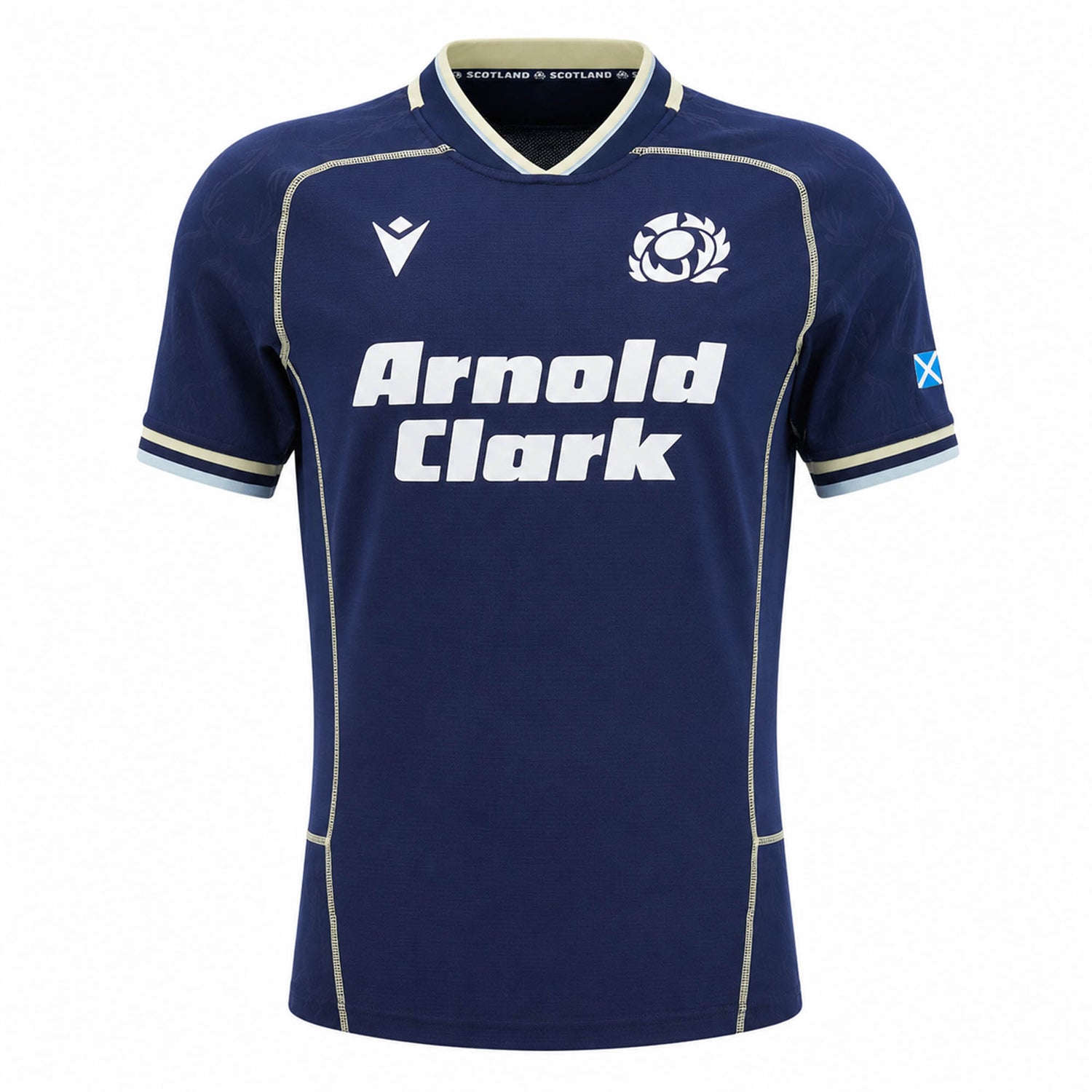 Introducing the Scotland SRU 26/27 Authentic Matchday Home Jersey by Macron—a navy blue jersey featuring the iconic white "Arnold Clark" sponsor, thistle crest, Macron logo, and Scottish flag on the sleeve. This authentic matchday shirt is perfect for fans seeking official team apparel.