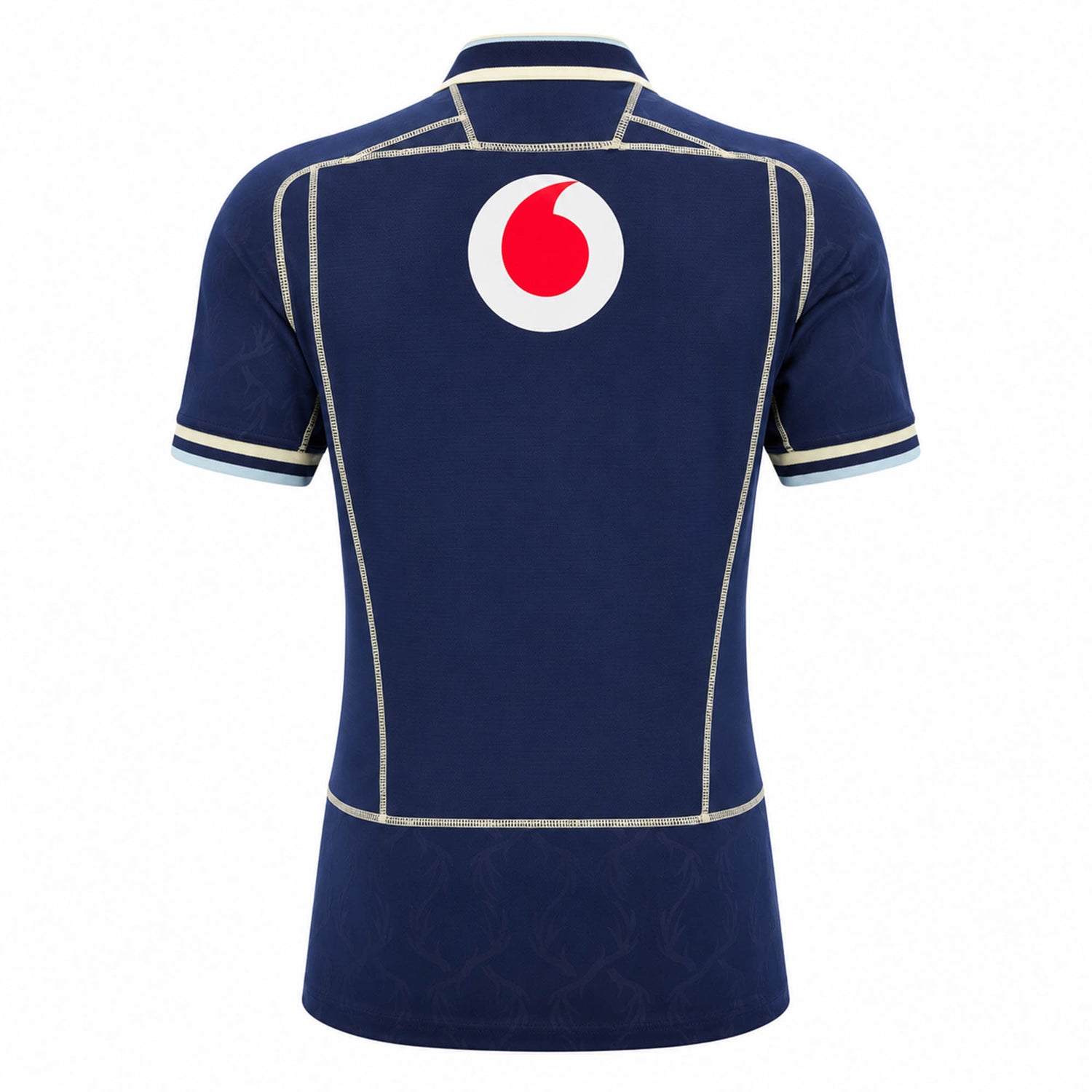 Navy blue short-sleeve jersey shown from the back with white and beige trim and a large red and white circular logo near the top—this is the Scotland SRU 26/27 Authentic Matchday Home Jersey by Macron, inspired by the official Scotland Rugby home kit.