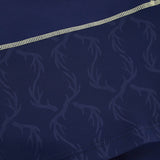 Close-up of dark blue fabric featuring a subtle antler pattern and a light-colored stitched seam near the top, highlighting the intricate details found on the Scotland SRU 26/27 Authentic Matchday Home Jersey by Macron.