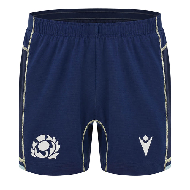The Scotland SRU 26/27 Matchday Home Shorts by Macron are navy blue rugby shorts featuring a thistle logo on the left leg and a white Macron logo on the right leg. Made with moisture-wicking fabric, these shorts from Macron keep you comfortable both on and off the field.