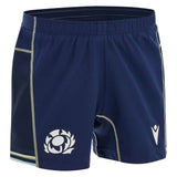 Introducing the Scotland SRU 26/27 Matchday Home Shorts by Macron, featuring a classic navy blue design with contrast stitching. The official Scottish Rugby Union thistle emblem is displayed on the front left, while the Macron logo appears on the front right. Crafted for breathability and performance, these official matchday shorts combine comfort and style—perfect for every Scotland rugby supporter.
