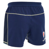 Inspired by classic Scotland rugby shorts, the Scotland SRU 26/27 Matchday Home Shorts by Macron feature navy blue breathable performance fabric, light-colored stitching, an elastic waistband, and a logo on the left leg, providing optimal comfort and style for every activity.