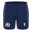 The Scotland SRU 26/27 Matchday Home Shorts by Macron are navy blue athletic shorts highlighted by white contrast stitching, featuring the iconic Scottish Rugby thistle emblem on the left leg and the Macron logo on the right. Designed for breathability and performance, these shorts are ideal for fans eager to show their support for Scotland Rugby both on and off the field.