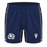 The Scotland SRU 26/27 Matchday Home Shorts by Macron are navy blue athletic shorts highlighted by white contrast stitching, featuring the iconic Scottish Rugby thistle emblem on the left leg and the Macron logo on the right. Designed for breathability and performance, these shorts are ideal for fans eager to show their support for Scotland Rugby both on and off the field.