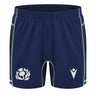 The Scotland SRU 26/27 Matchday Home Shorts by Macron are navy blue athletic shorts highlighted by white contrast stitching, featuring the iconic Scottish Rugby thistle emblem on the left leg and the Macron logo on the right. Designed for breathability and performance, these shorts are ideal for fans eager to show their support for Scotland Rugby both on and off the field.