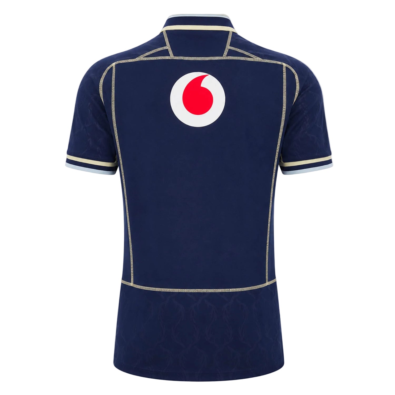Navy blue Scotland SRU 26/27 Replica Home Jersey by Macron shown from the back, featuring light-colored trim and a prominent Vodafone logo centered near the shoulders—this official Macron jersey is designed for passionate Scotland rugby fans.