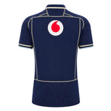 Navy blue Scotland SRU 26/27 Replica Home Jersey by Macron shown from the back, featuring light-colored trim and a prominent Vodafone logo centered near the shoulders—this official Macron jersey is designed for passionate Scotland rugby fans.