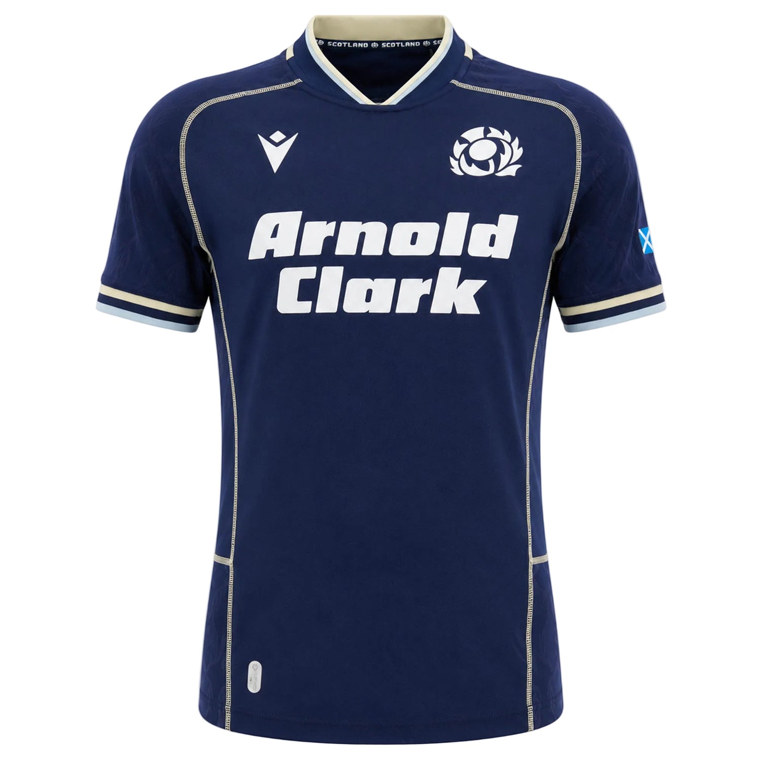 Show your support for Scotland with the Macron Scotland SRU 26/27 Replica Home Jersey, featuring a classic navy blue design with white "Arnold Clark" sponsor branding, the official Scotland rugby logo, and crisp white accents on the collar and sleeves—ideal for any passionate Scotland rugby fan.