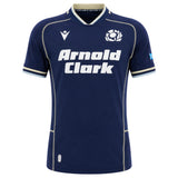 Show your support for Scotland with the Macron Scotland SRU 26/27 Replica Home Jersey, featuring a classic navy blue design with white "Arnold Clark" sponsor branding, the official Scotland rugby logo, and crisp white accents on the collar and sleeves—ideal for any passionate Scotland rugby fan.