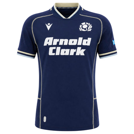 Show your support for Scotland with the Macron Scotland SRU 26/27 Replica Home Jersey, featuring a classic navy blue design with white "Arnold Clark" sponsor branding, the official Scotland rugby logo, and crisp white accents on the collar and sleeves—ideal for any passionate Scotland rugby fan.
